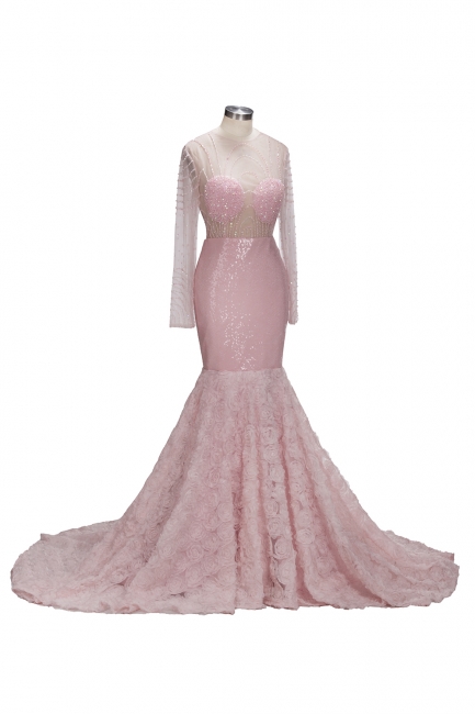 Sleeves Pink Appliques Mermaid Beadings Elegant Long Prom Dress qq0235