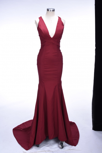 Burgundy Sleeveless Sexy V-neck Formakl Dress  Sweep Train Mermaid Prom Dress SP0259