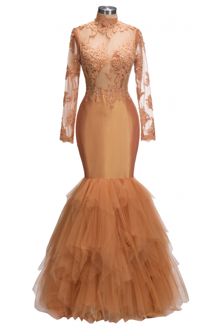 Dust Orange Long Sleeve Mermaid Prom Dress |  Beads Appliques Evening Gown FB0305