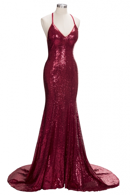 V-neck Sparkly Sequins Open Back Evening Gowns  Sleeveless  Burgundy Formal Dress FB0123
