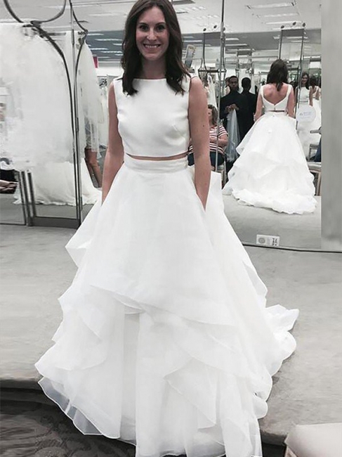 Chic Sleeveless Court Train Chiffon Bateau Wedding Dresses | Bridal Gowns On Sale