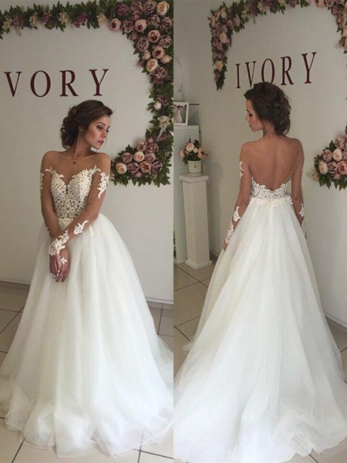 Elegant Off-the-Shoulder Organza Wedding Dresses Long Sleeves Sweep Train | Bridal Gowns On Sale