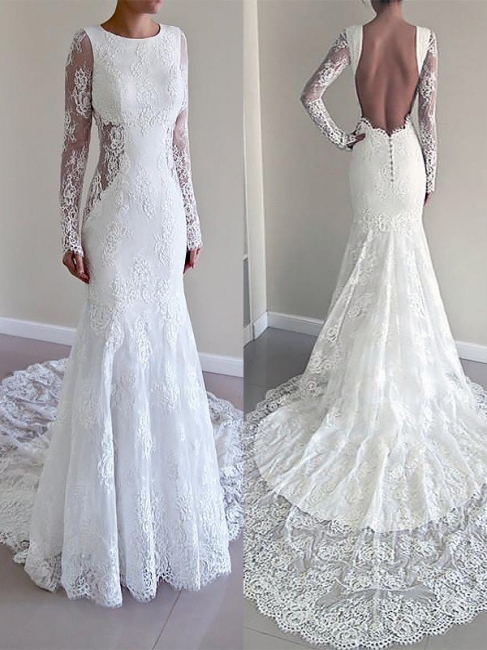 Chic Jewel Lace Mermaid Wedding Dresses Long-Sleeves Appliques Bridal Gowns with Open Back