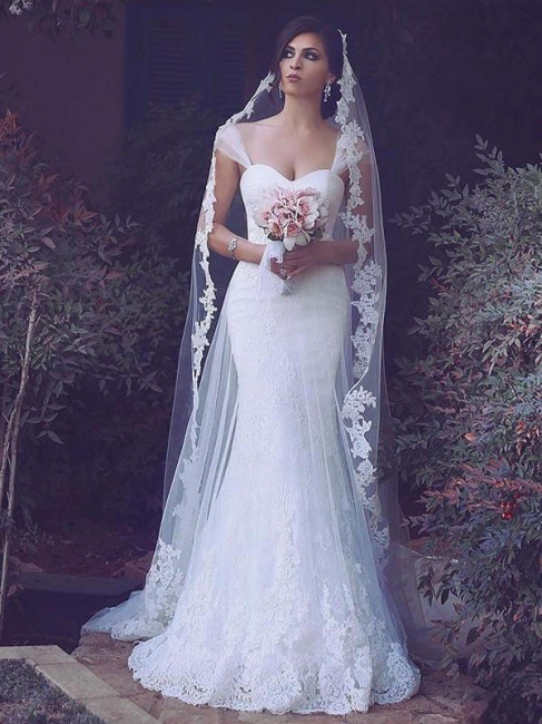Glamorous Mermaid Straps Tulle Lace Wedding Dresses White Sweetheart Sleeveless Sweep Train Bridal Gowns