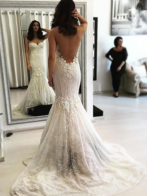 Glamorous Lace Sweetheart Sweep Train Sleeveless Mermaid Wedding Dresses | Bridal Gowns On Sale