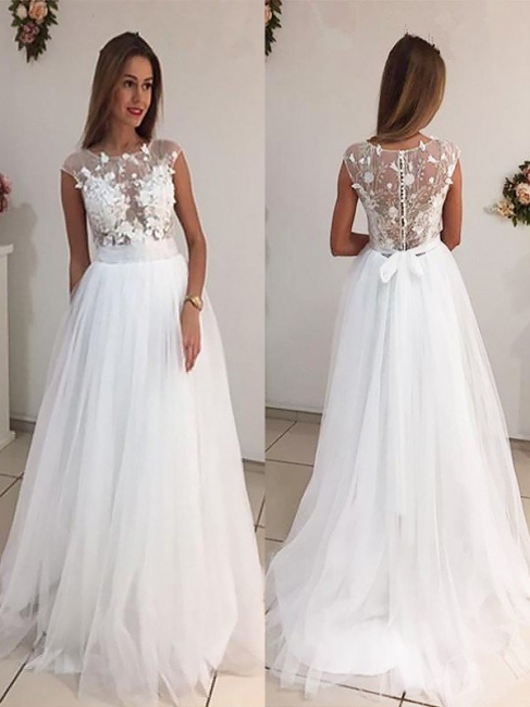 Elegant Sleeveless Sweep Train Scoop Tulle Wedding Dresses | Bridal Gowns On Sale