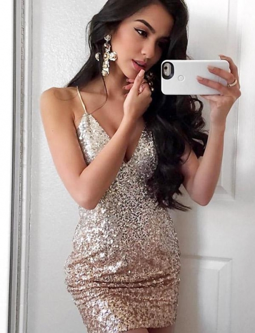 Chic Sexy Sequined Spaghetti Straps Fitting Column Short Homecoming Dress