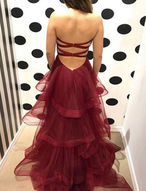Stunning Flattering Tiered Oganza Romantic strapless Burgundy Long Prom Evening Dress | Suzhoudress UK