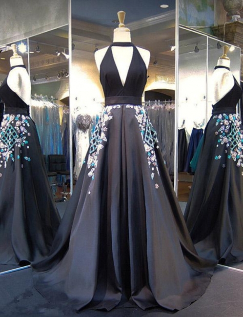 Glamorous Flattering with Lace Appliques Halter Trendy V-neck Long-Length Evening Dress | Suzhoudress UK