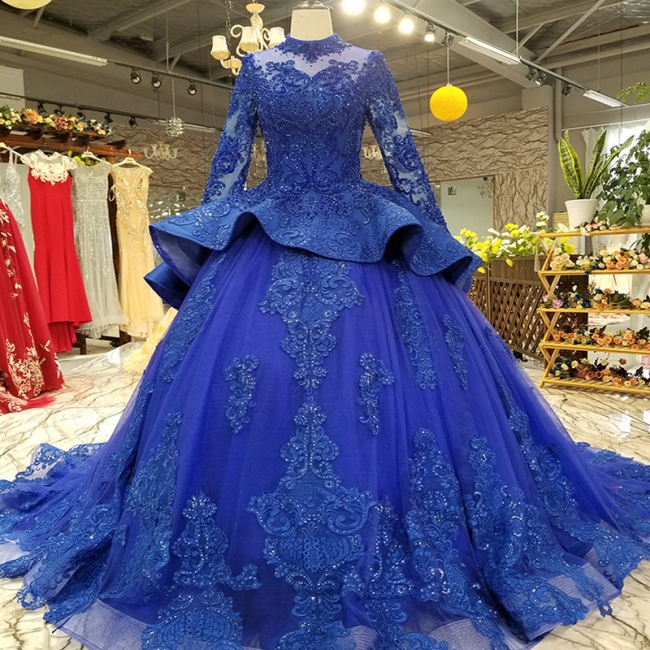Long Sleeves Ball Gown Applique Tulle Sparkly Beaded Court Train Prom Dress UK on sale