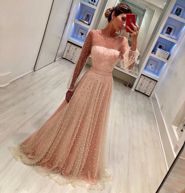 Round Neck Long Sleeves A-Line Tulle Belt Prom Dress