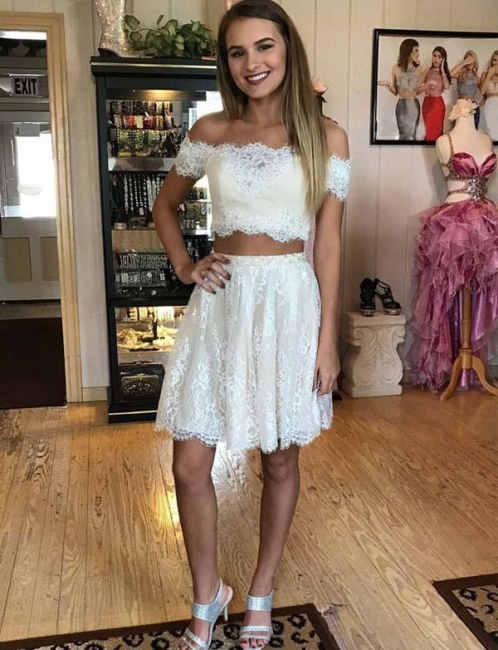 Stunning Two Piece Lace A-Line Off-the-Shoulder Mini Online Prom Dress Sale | Suzhoudress UK