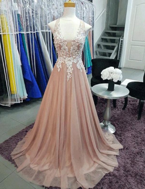 Luxury Flattering Sleeveless Trendy V-neck with Lace Appliques Sweep Train Elegant Prom Dress Online | Suzhoudress UK