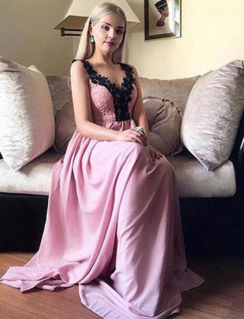 Luxury Flattering with Lace Appliques Sleeveless Trendy V-neck Long-Length Elegant Prom Dress Online | Suzhoudress UK