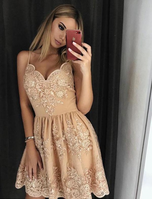 Fashion Elegant Lace Flattering A-line Spaghetti Straps Appliques Short Prom Dress UK on sale