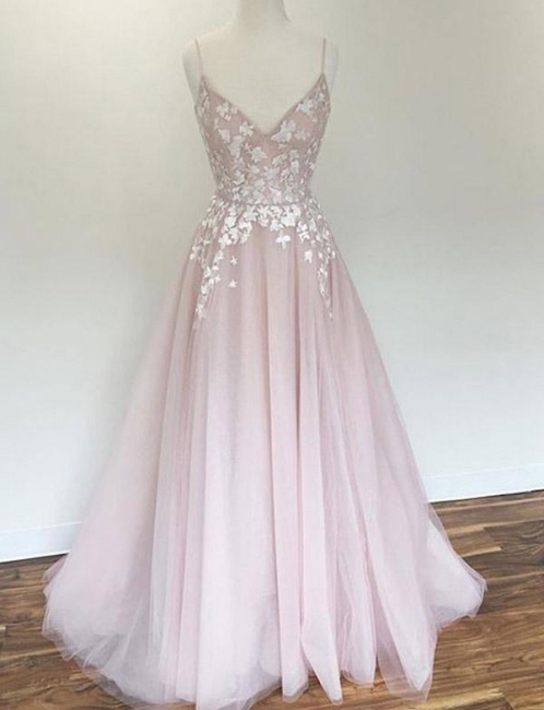Luxury Flattering with Lace Appliques Spaghetti Straps Long-Length Elegant Prom Dress Online | Suzhoudress UK