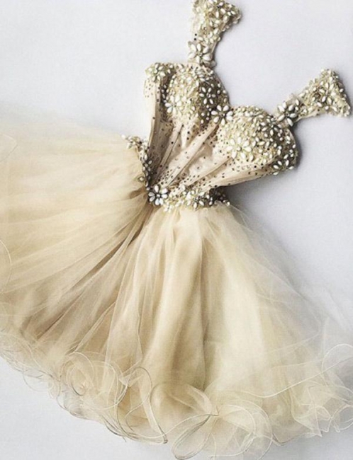 Stunning Straps Flattering A-line Sparkly Beaded Tulle Short Prom Homecoming Dress