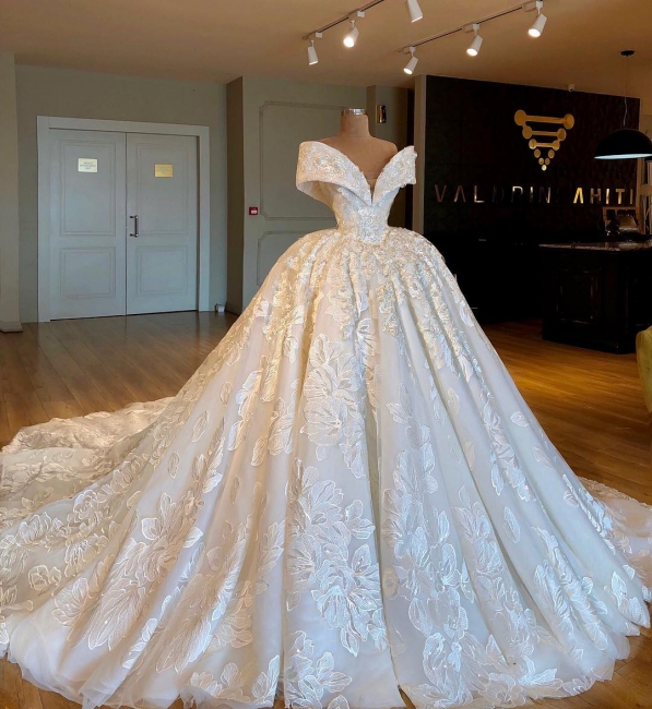 Unique Off-the-Shoulder Puffy Applique Chiffon Wedding Dresses | Bridal Gowns Online