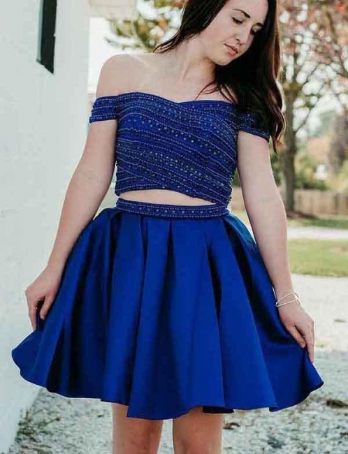 Two Piece Flattering A-line Sparkly Beaded Off-the-Shoulder Short Prom Dress UK on sale