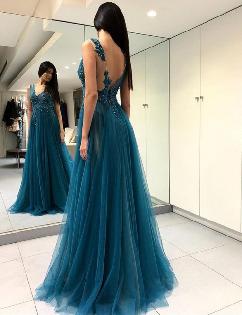 Luxury Trendy V-neck Split Front Flattering with Lace Appliques Blue Soft Tulle Elegant Prom Dress Online | Suzhoudress UK