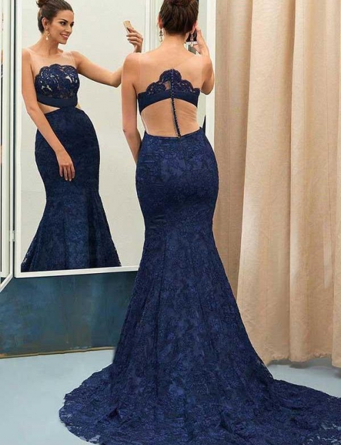 Jewel Sweep Train Sleeveless Lace  Mermaid Elegant Prom Dress Online | Suzhoudress UK