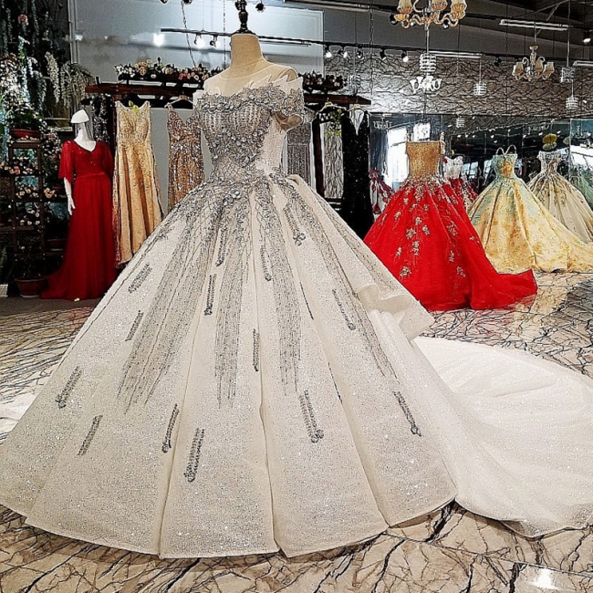 Organza Applique Ball Gown Chapel Train Short Sleeves Prom Dress UK on sale