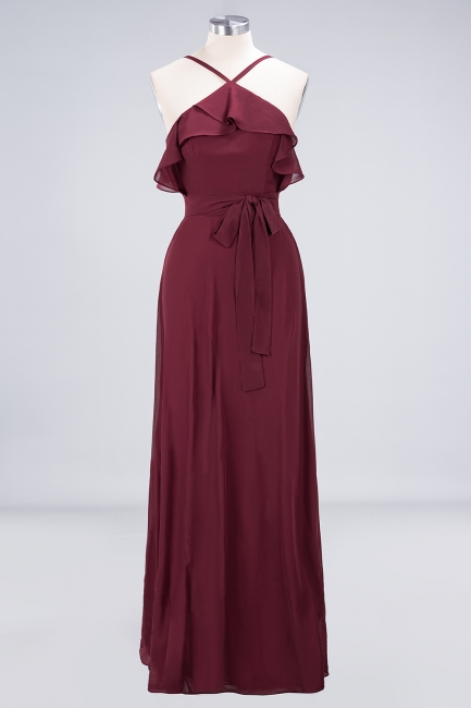 A-line Chiffon Spaghetti-Straps Summer Ruffles Floor-Length Bridesmaid Dress UK with Bow Sash