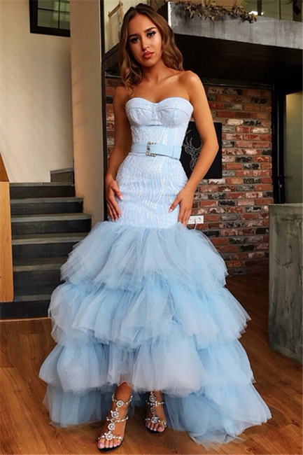 Mermaid Fit and Flare Tulle Layers Strapless Summer High-Low Prom Dress UK