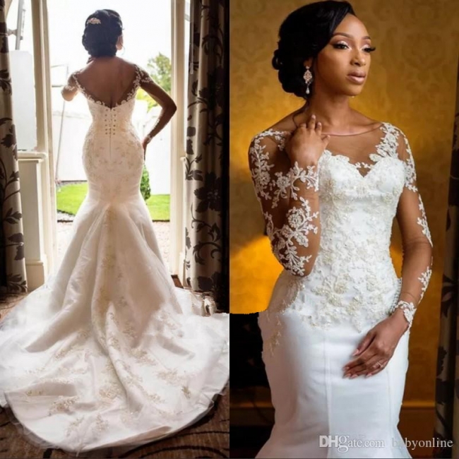 Gorgeous Jewe Lace Mermaid White Wedding Dresses Long Sleeves Appliques Bridal Gowns Online