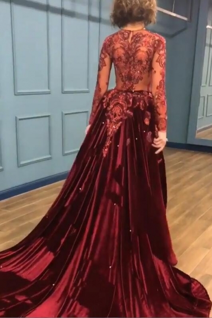 Sparkle Beads Burgundy Velvet Long Sleeves Prom Dress UKes UK with Appliques BC0731