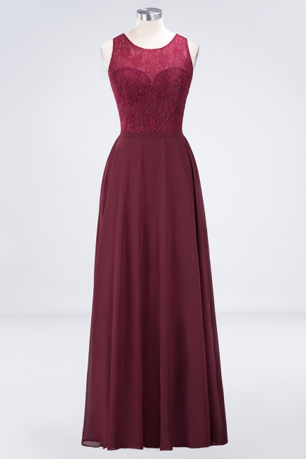 A-line Chiffon Simple Lace Jewel Summer Hollowout Floor-Length Bridesmaid Dress UK