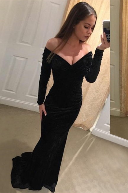 Charming Long Sleeves Off-the-Shoulder Womens V-Neck Sexy Trumpet/Mermaid Online Prom Dress Sale | Suzhoudress UK