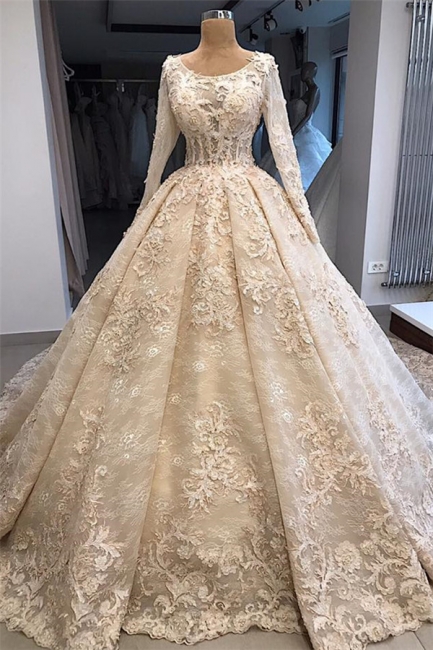 Stylish Ball Gown Scoop Long-Sleeves Appliques Wedding Dresses | Bridal Gowns Online