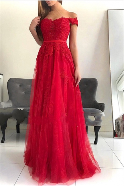 Stunning Off-the-Shoulder Appliques Tulle Fitted Floor-Length Exclusive Prom Dresses UK | New Styles