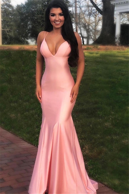 Gorgeous Spaghetti Straps Criss Cross Pink Prom Dress Mermaid Long Evening Gowns