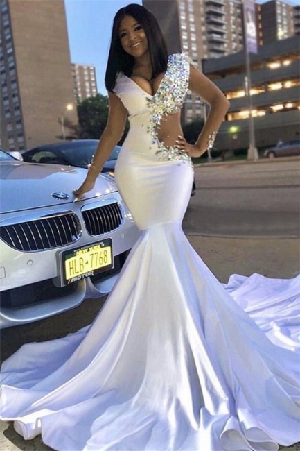 Elegant V-Neck Lace Prom Dresses Rhinestones Mermaid Long Evening Gowns