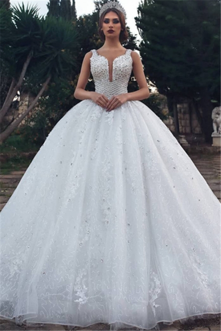Stylish Ball Gown Straps Rhinestones Wedding Dresses Sleeveless Appliques V-Neck | Bridal Gowns On Sale