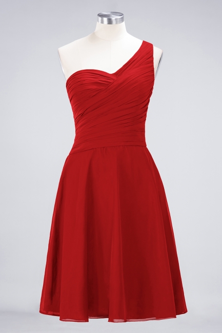 A-line Chiffon One-Shoulder Sweetheart Summer Knee-Length Bridesmaid Dress UK with Ruffles