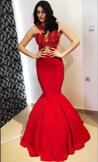 Stunning Round Neck Appliques Prom Dress Sleeveless Mermaid Long Evening Gowns On Sale