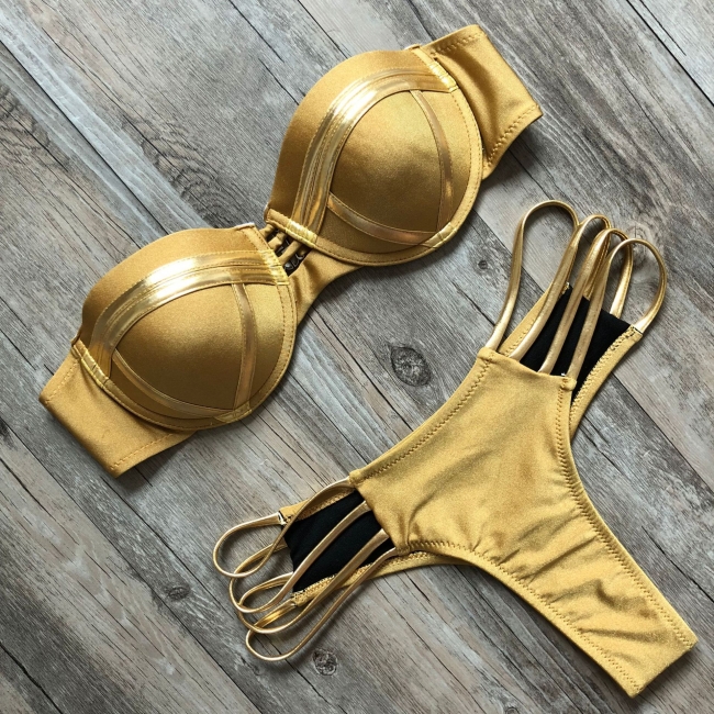 Shiny Black Bandage Bikini set with Shiny Gold Details