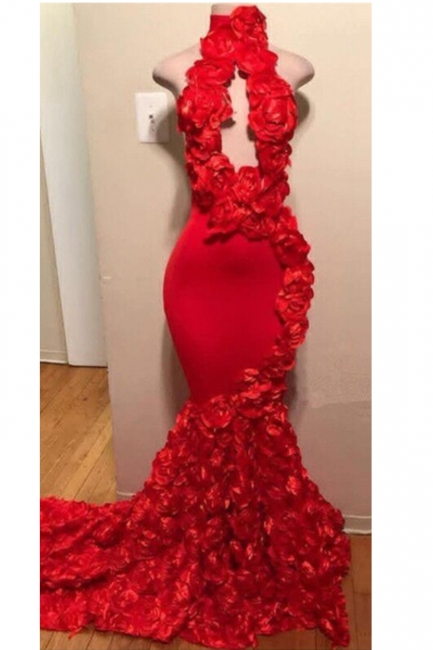 Sexy Flowers Halter Summer Sleeveless Long Prom Dresses | Red Keyhole Trumpet Evening Gowns | Suzhou UK Online Shop