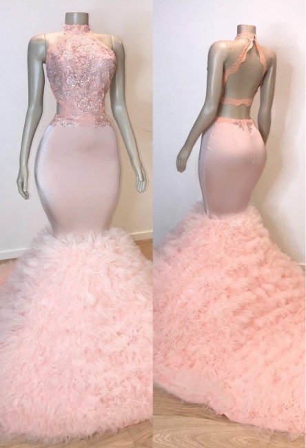 Pink Halter Summer Sleeveless Trumpet Prom Dresses | Chic Open Back Lace Quality Tulle Evening Gowns | Suzhou UK Online Shop