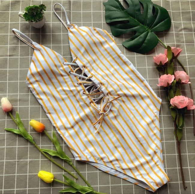 Elegent One piece Bandage Swimsuits with Stripe