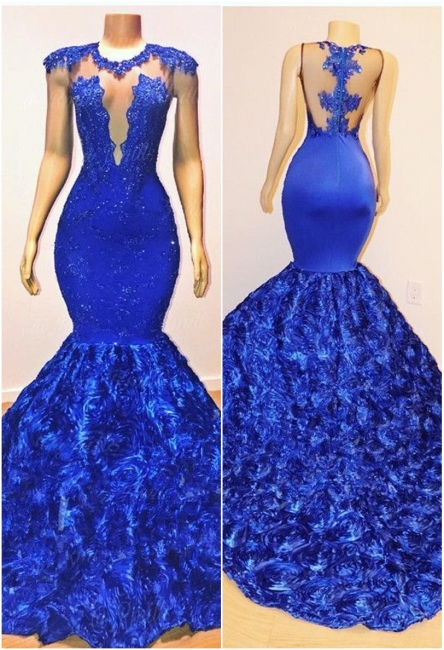 Royal-Blue Flowers Trumpet Long Evening Gowns | Amazing Summer Sleeveless With lace Appliques Prom Dresses | Suzhou UK Online Shop