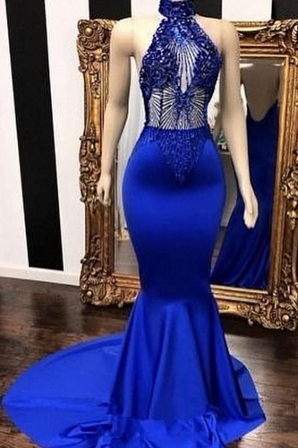 Royal Blue Halter Summer Sleeveless Lace Beading Trumpet Long Prom Dresses | Suzhou UK Online Shop