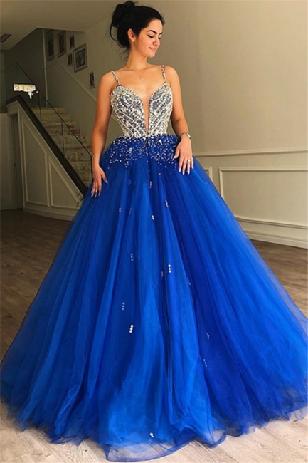 Gorgeous Fitted Spaghetti Straps Sleeveless Tulle Beaded Evening Dresses Online | New Styles