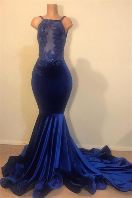 Fabulous Mermaid Spahgetti-Straps Prom Dress Open Back Velvet Evening Gowns