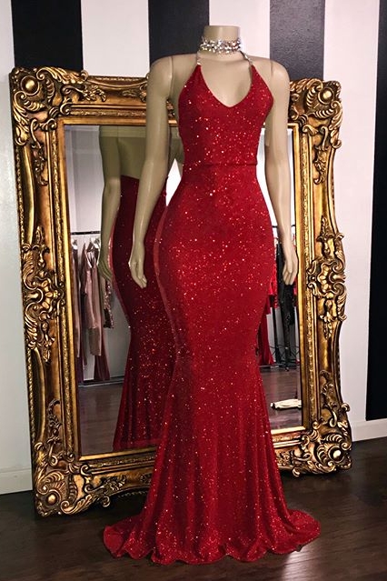 Sexy Sequins Summer Sleeveless Trumpet Prom Dresses | Glitter Halter Red Evening Gowns | Suzhou UK Online Shop