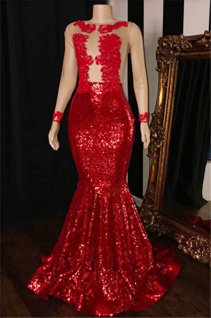 Long Sleeves Sequins Trumpet Prom Gowns | Amazing Sheer Quality Tulle Red Long Evening Dress | Suzhou UK Online Shop