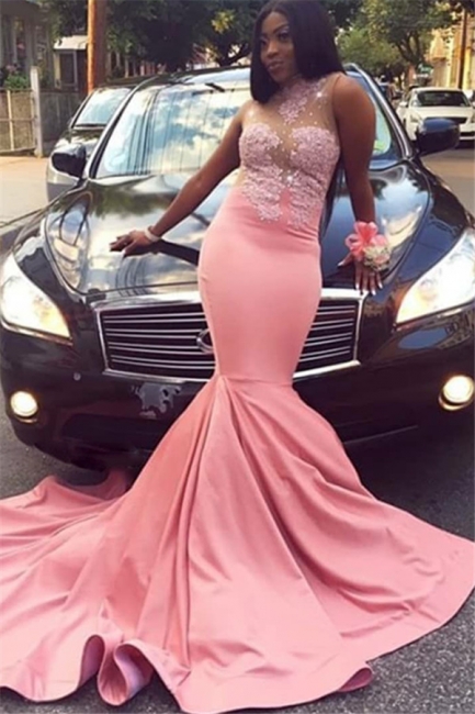 Pink Appliques Sheer Quality Tulle Trumpet Prom Dresses |  High-Neck Summer Sleeveless Evening Gowns | Suzhou UK Online Shop